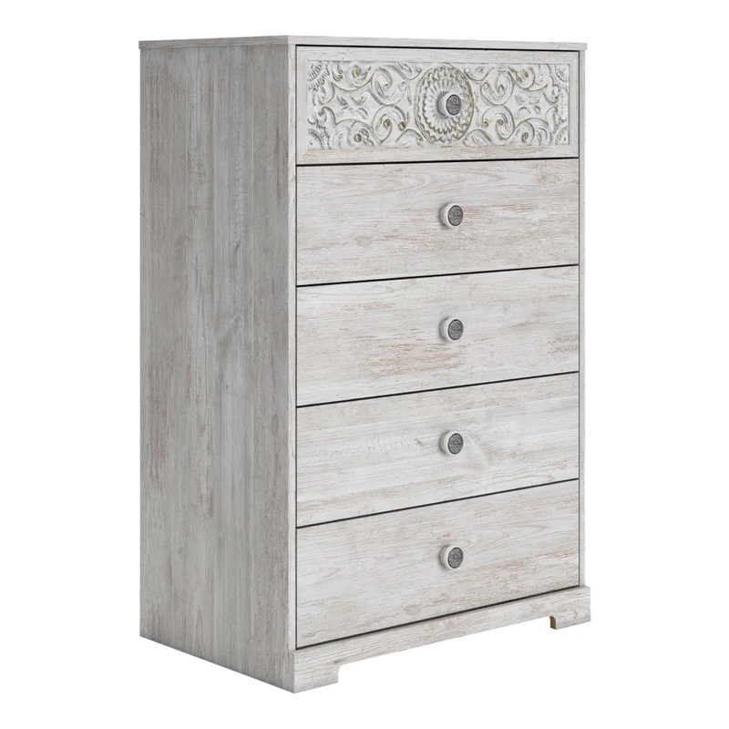 Commode à 5 tiroirs en bois/MDF blanc usé - Paxberry