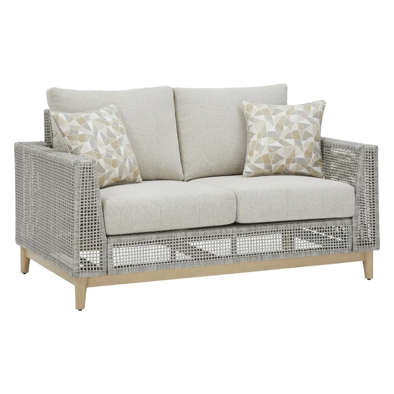 Causeuse extérieure en tissu Nuvella et en osier gris pâle avec coussins - Seton Creek