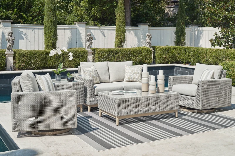 Causeuse extérieure en tissu Nuvella et en osier gris pâle avec coussins - Seton Creek