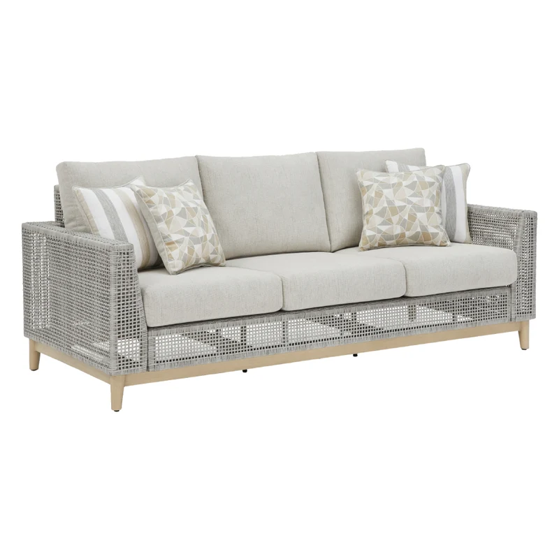 Sofa extérieur en tissu Nuvella et en osier gris pâle avec coussins - Seton Creek