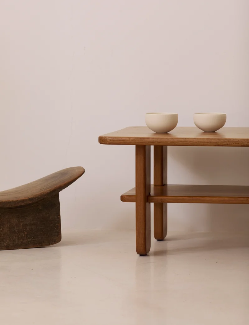 Solid elm coffee table by Alain Gaubert, vintage, France circa 1980