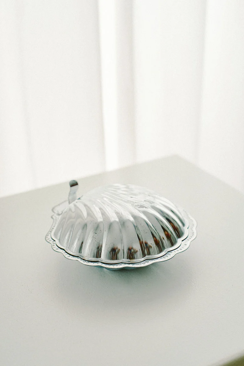 Silver-Plated Shell Butter Dish, Cobalt Blue Insert