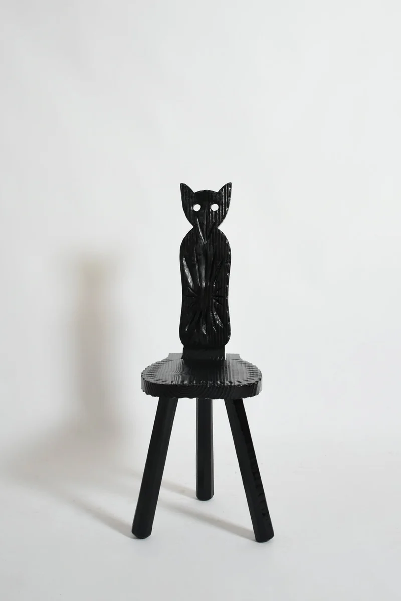 Pair of brutalist ebonised wood owl chairs, 1960s