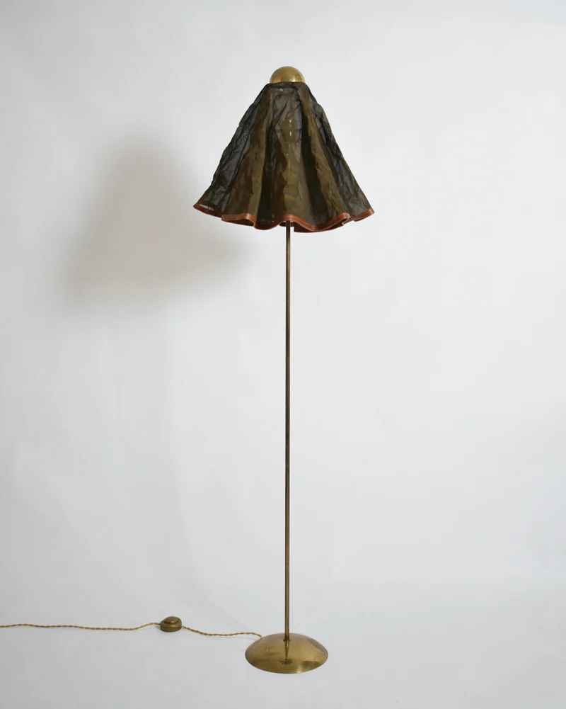 Vintage Brass, brass fabric and leather floor lamp, 1960s