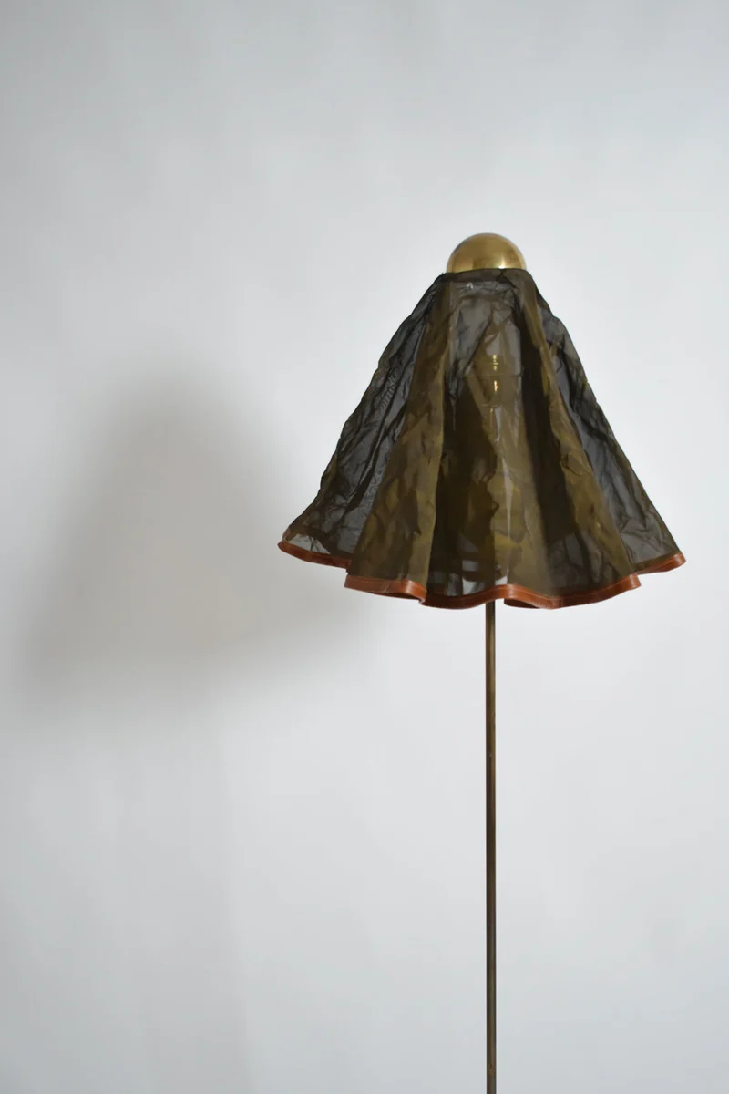 Vintage Brass, brass fabric and leather floor lamp, 1960s