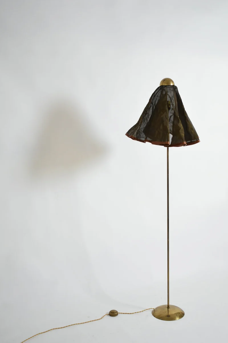 Vintage Brass, brass fabric and leather floor lamp, 1960s