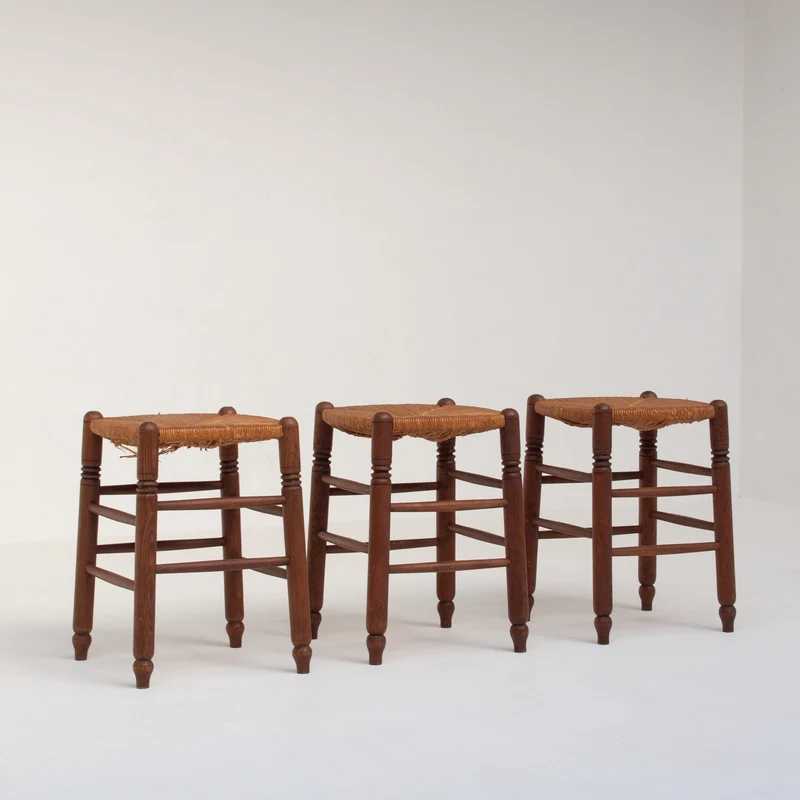 Set of 3 French Rattan Top Stools in Solid Wood