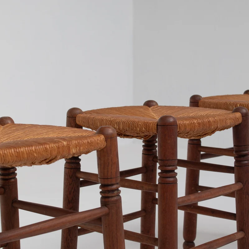 Set of 3 French Rattan Top Stools in Solid Wood
