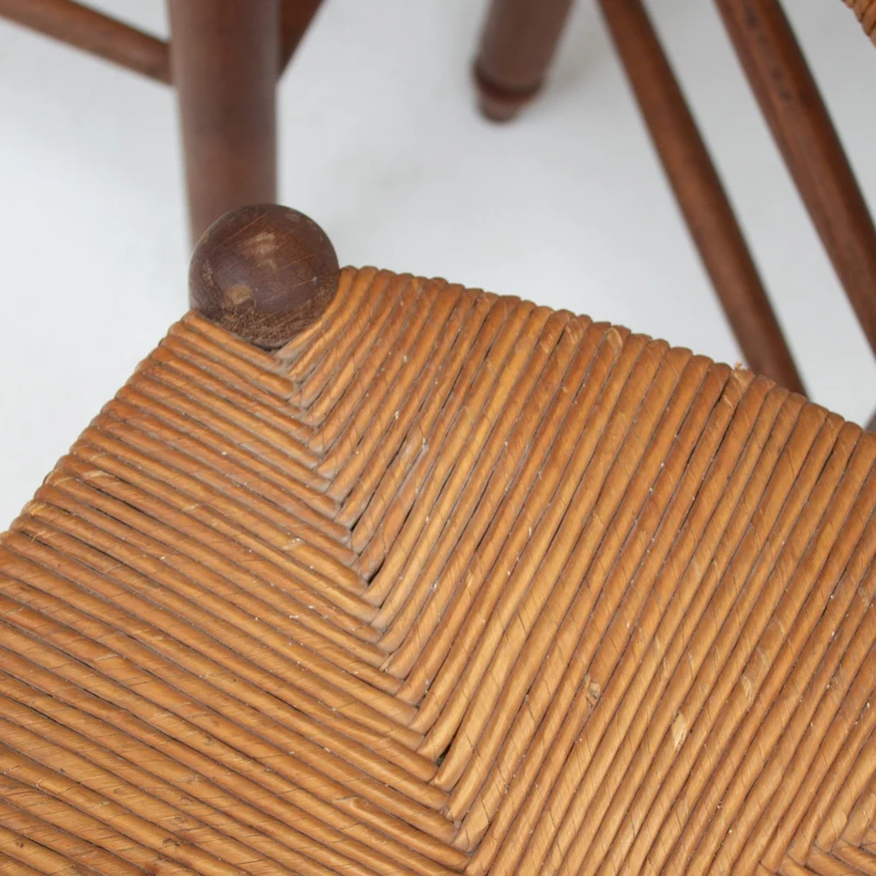 Set of 3 French Rattan Top Stools in Solid Wood