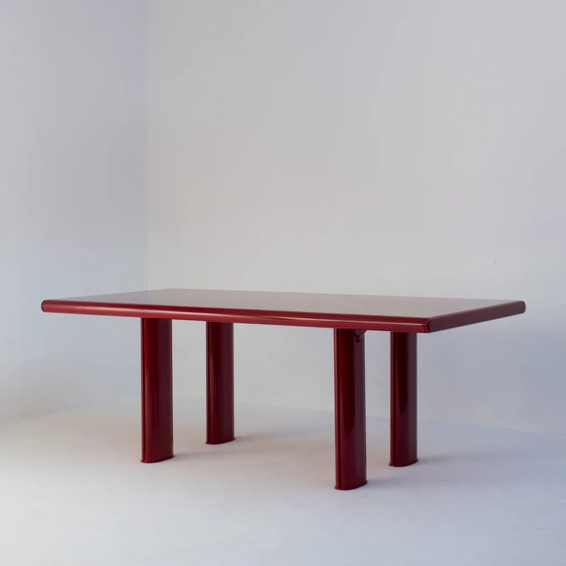 Red Lacquered Dining Table in Wood and Metal