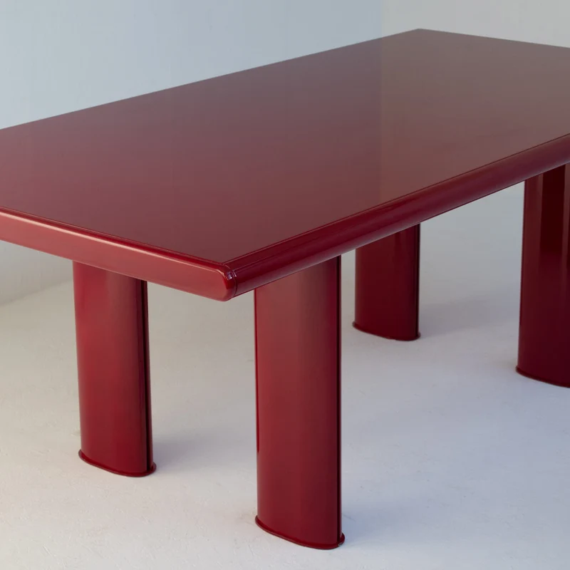 Red Lacquered Dining Table in Wood and Metal