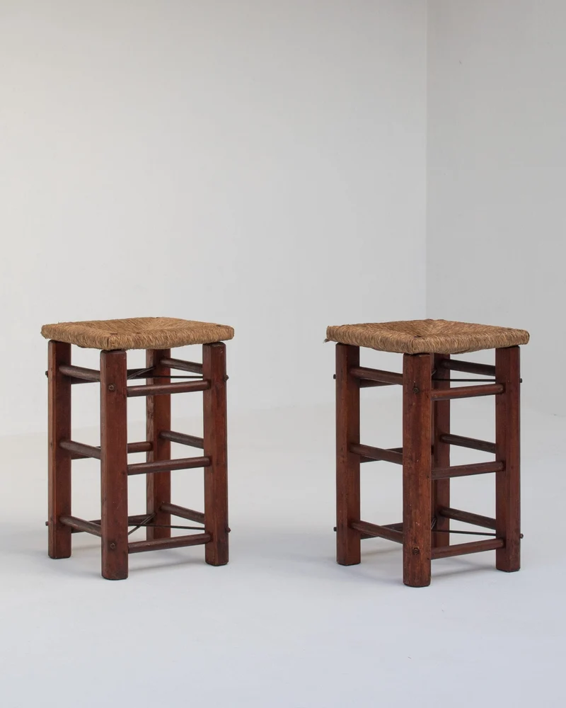 Pair of Rustic Wooden Stools with Woven Rush Seats