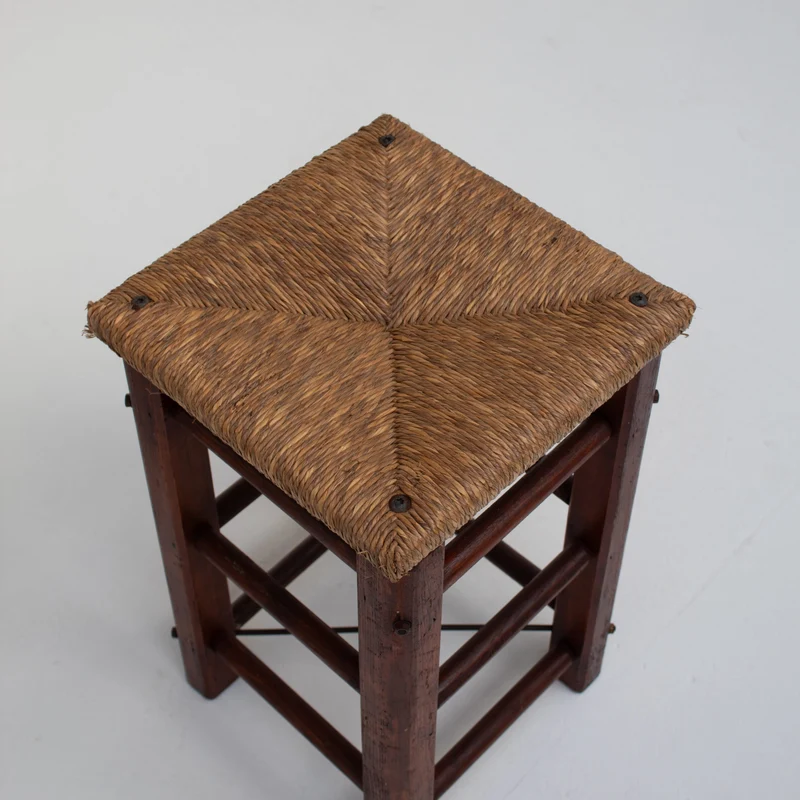 Pair of Rustic Wooden Stools with Woven Rush Seats