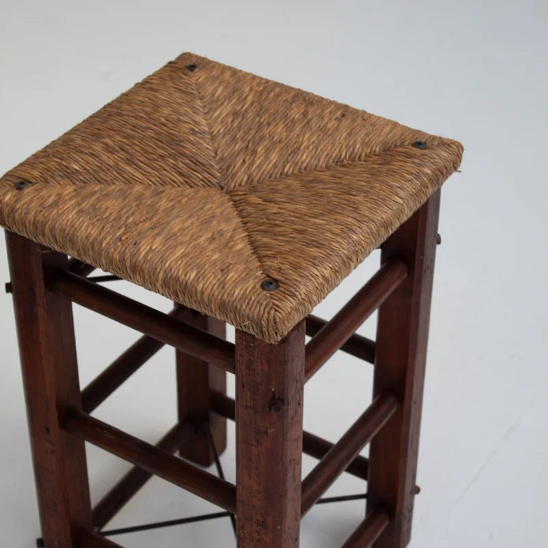 Pair of Rustic Wooden Stools with Woven Rush Seats