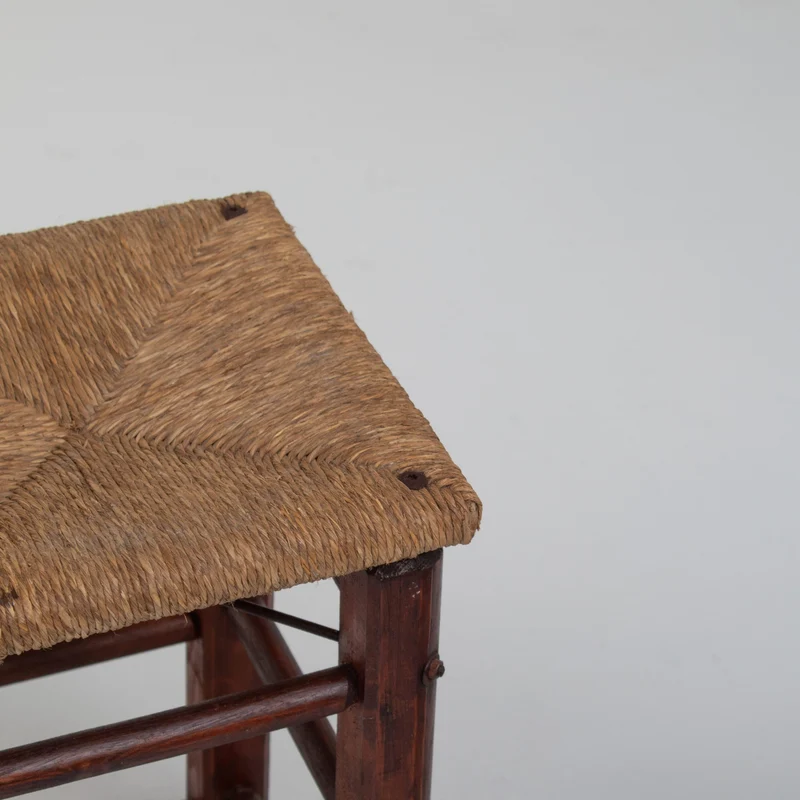 Pair of Rustic Wooden Stools with Woven Rush Seats
