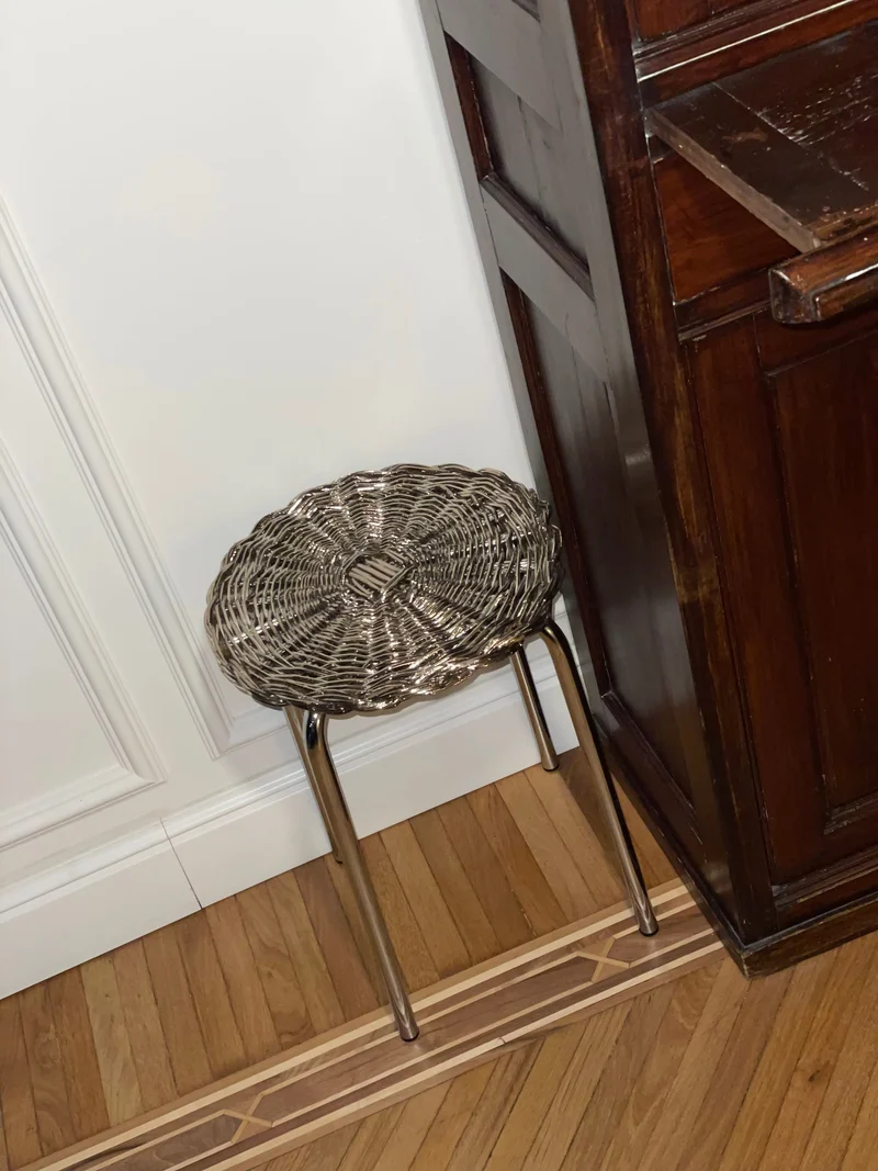 Woven Wicker Metal Plated Side Table in Chrome and Steel