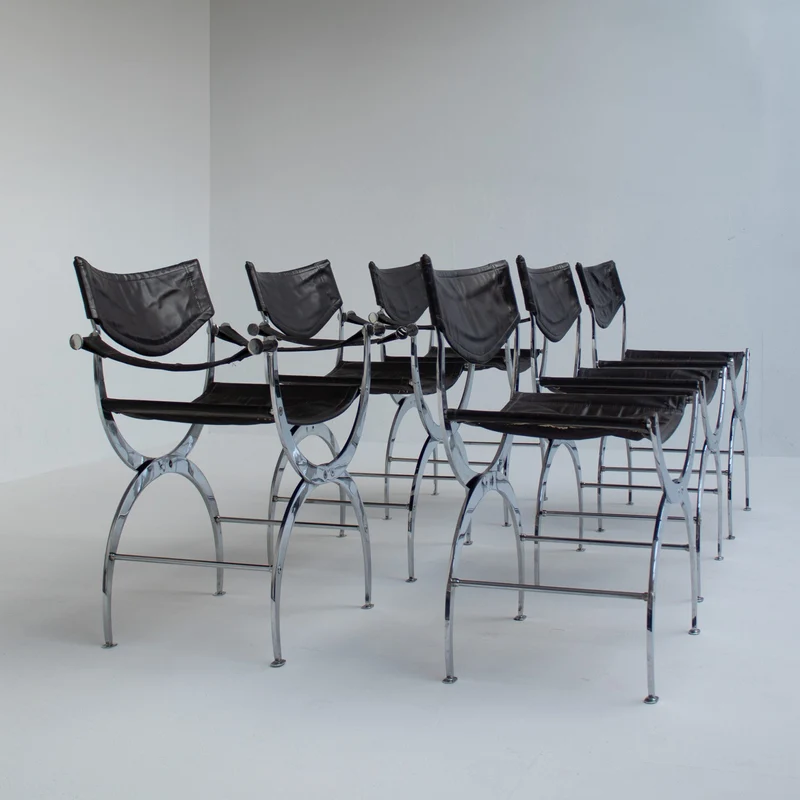 Set of 6 Italian Chrome Dining Chairs with Leather Seating