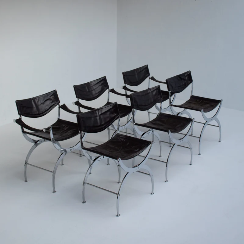 Set of 6 Italian Chrome Dining Chairs with Leather Seating