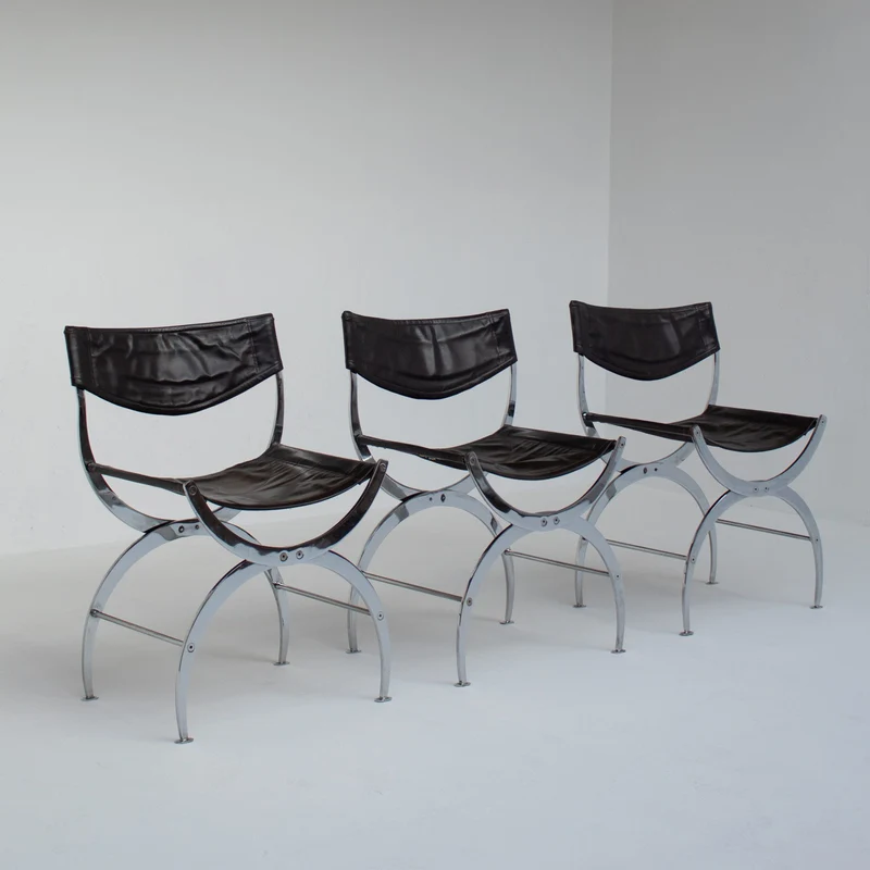 Set of 6 Italian Chrome Dining Chairs with Leather Seating