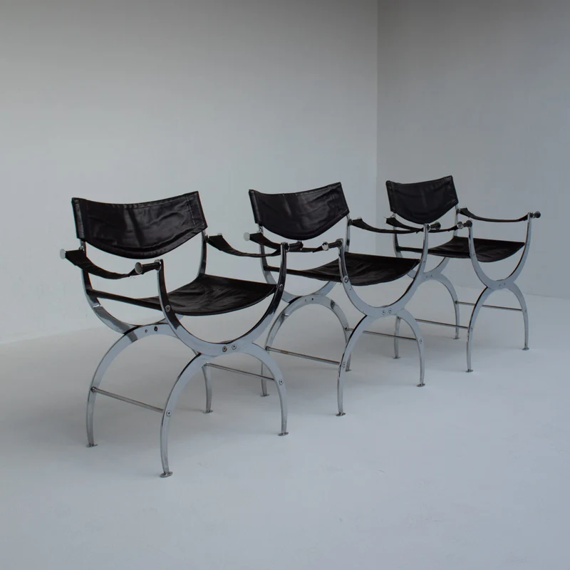 Set of 6 Italian Chrome Dining Chairs with Leather Seating