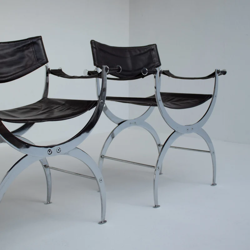 Set of 6 Italian Chrome Dining Chairs with Leather Seating