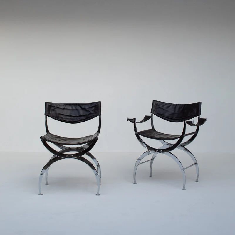 Set of 6 Italian Chrome Dining Chairs with Leather Seating