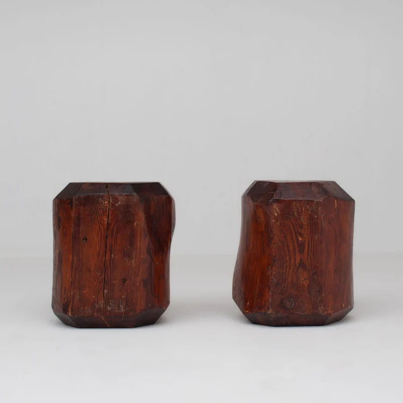 Sculptural Solid Wood Stools – Pair of Two Primitive Blocks