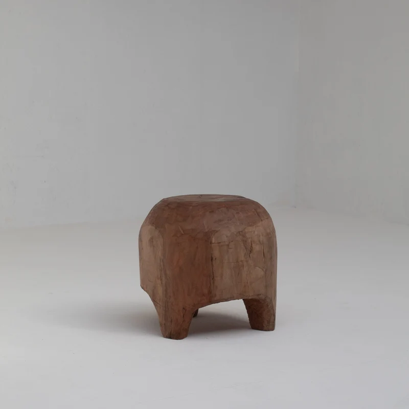 Sculptural Solid Wood Stool in Warm Natural Patina
