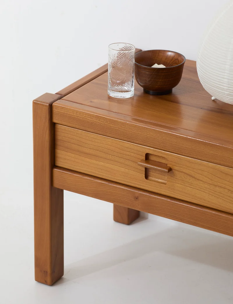 Vintage artisanal one-drawer Side Table in Wood (Elm), France circa 1980