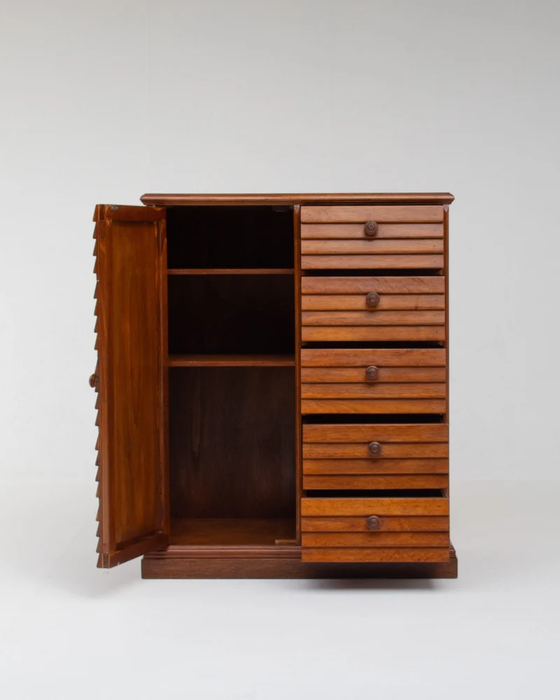 Mid Century Slatted Cabinet with Drawers and Storage