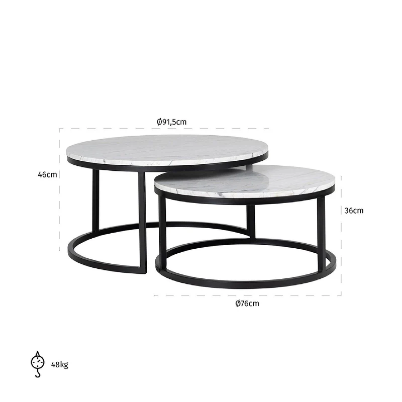 Set de 2 table basse ronde - Fer et marbre blanc "Lexington"