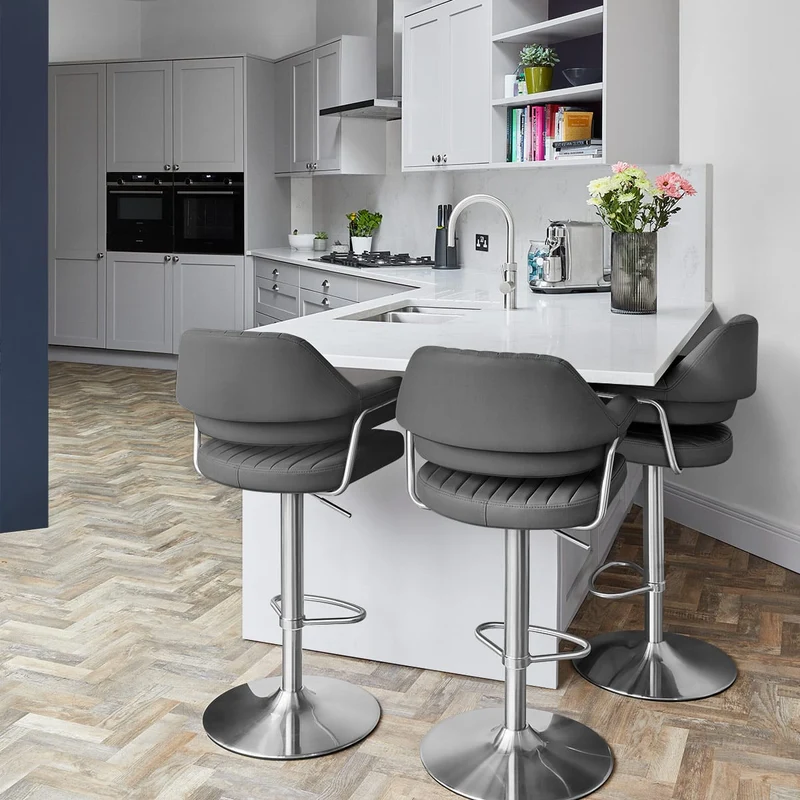 Chaise de Bar Chrome Brossé Faux Cuir - Skyline Gris Foncé