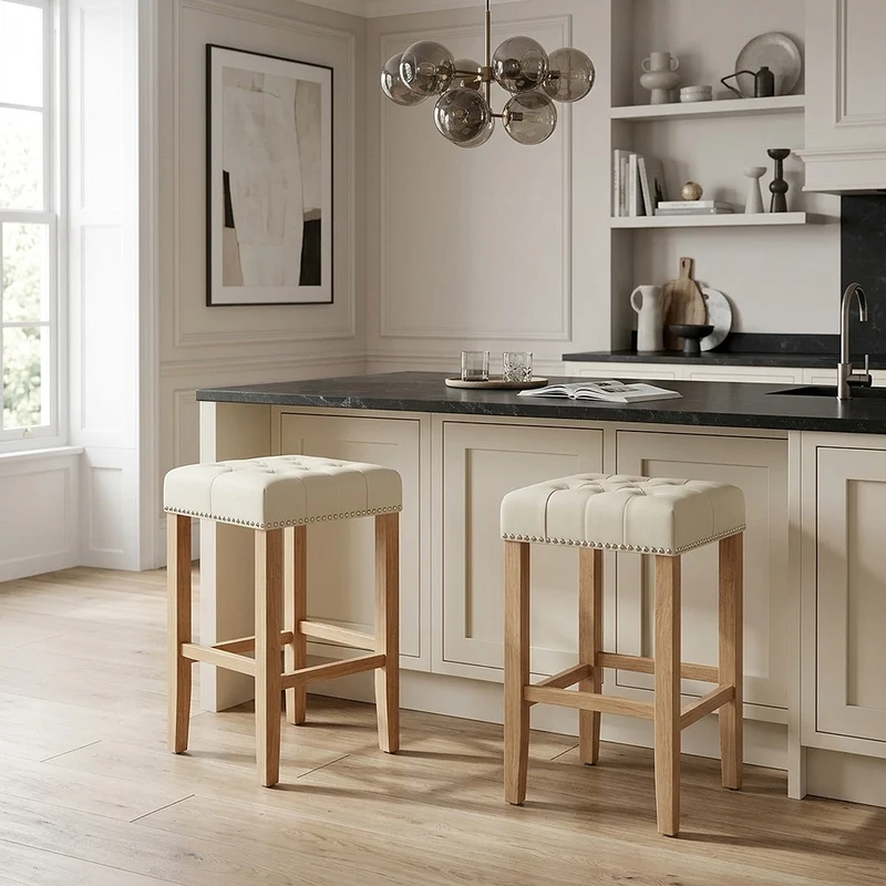 Chaise de Bar Cuir Crouté Bois - Chelsea Crème