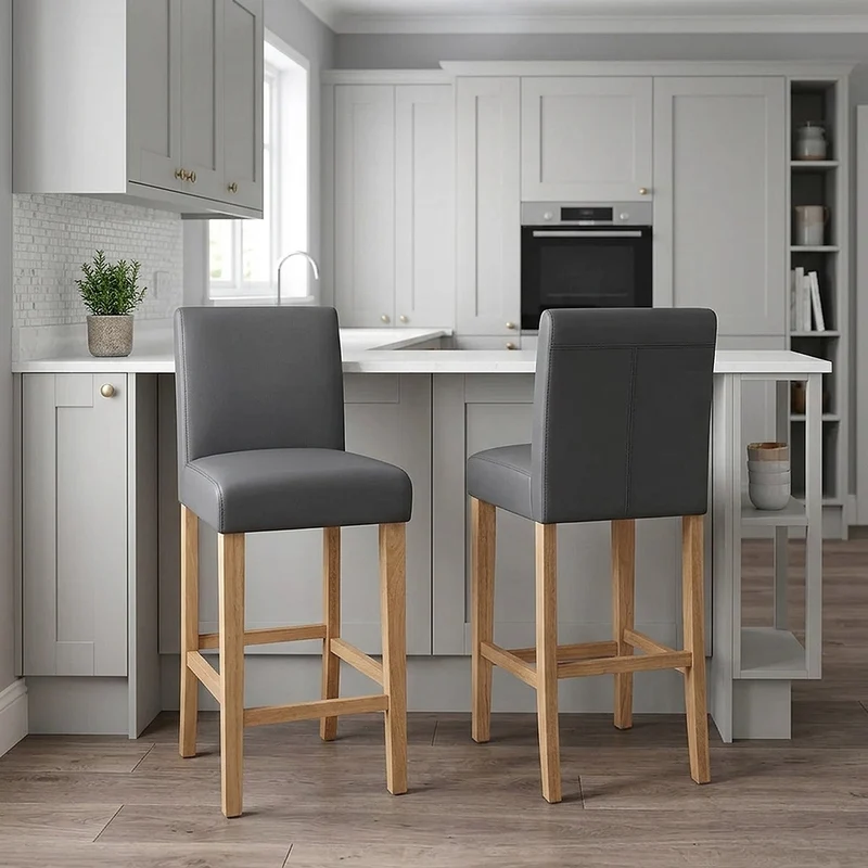 Tabouret de Bar Bois Cuir Croûté - Tetbury Gris