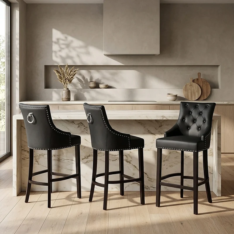 Chaise de Bar Bois Cuir Croûté - Ascot Noir