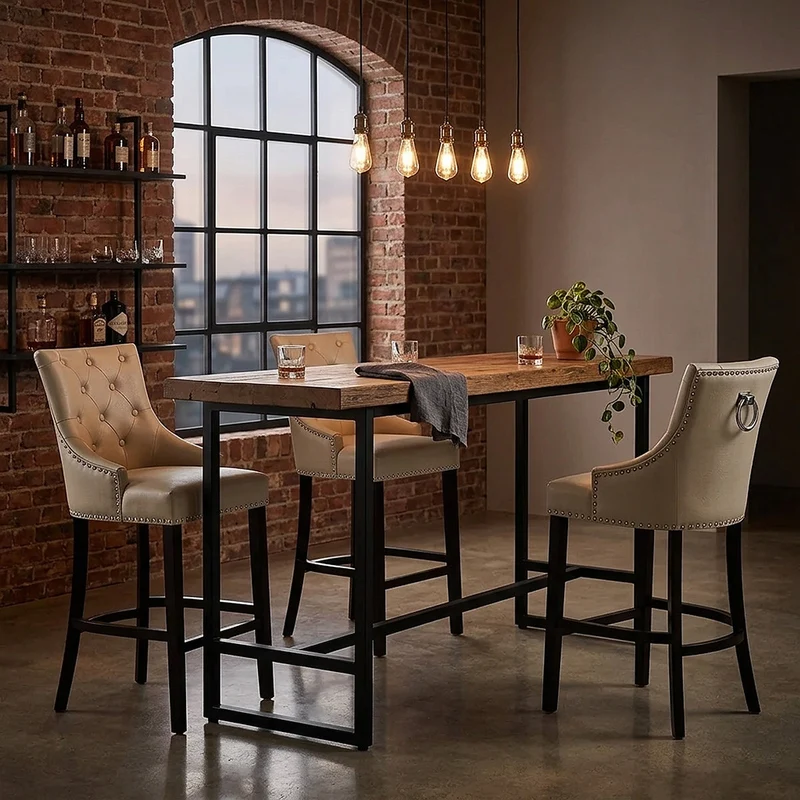 Chaise de Bar Bois Cuir Croûté - Ascot Crème