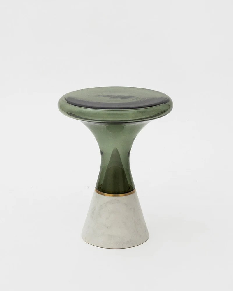 Join Side Table - Olivin Glass, Brushed Brass, Carrara Marble