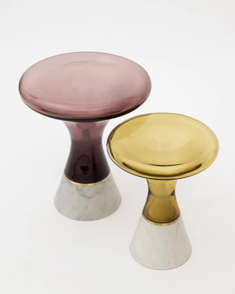 Join Side Table - Olivin Glass, Brushed Brass, Carrara Marble