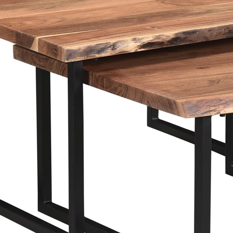 Ensemble de 2 tables basses en bois d'acacia et métal noir - Jivin