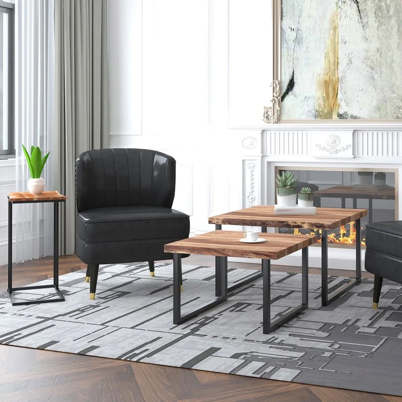 Ensemble de 2 tables basses en bois d'acacia et métal noir - Jivin