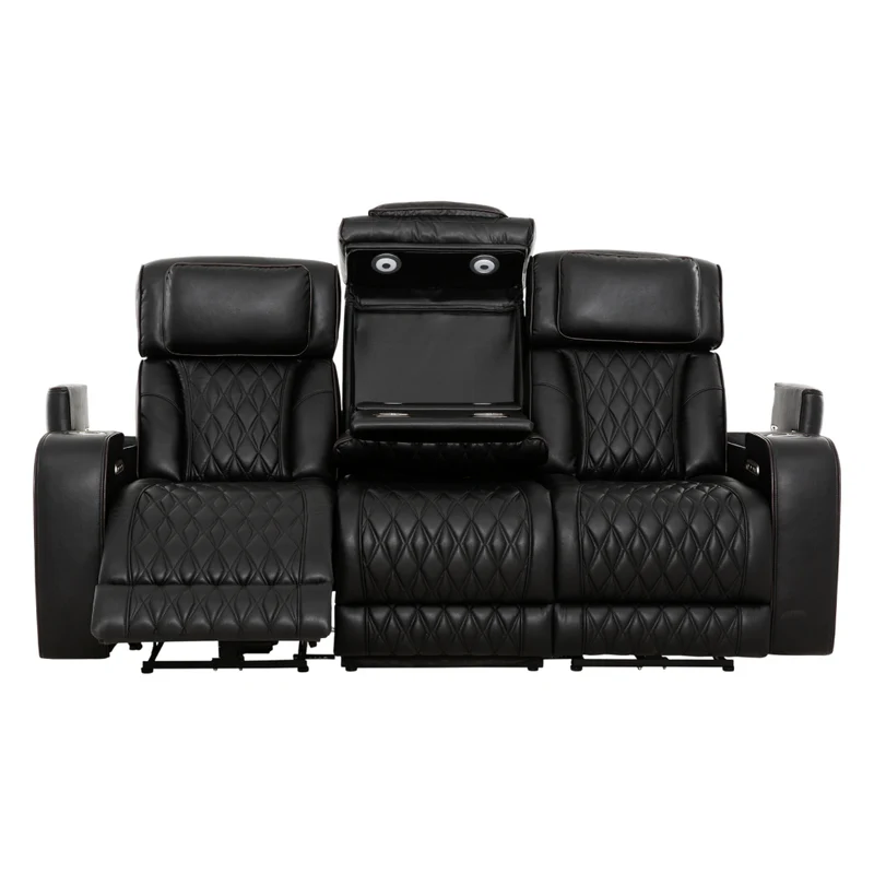 Sofa inclinable motorisé en cuir noir avec table rabattable & éclairage DEL - Colton