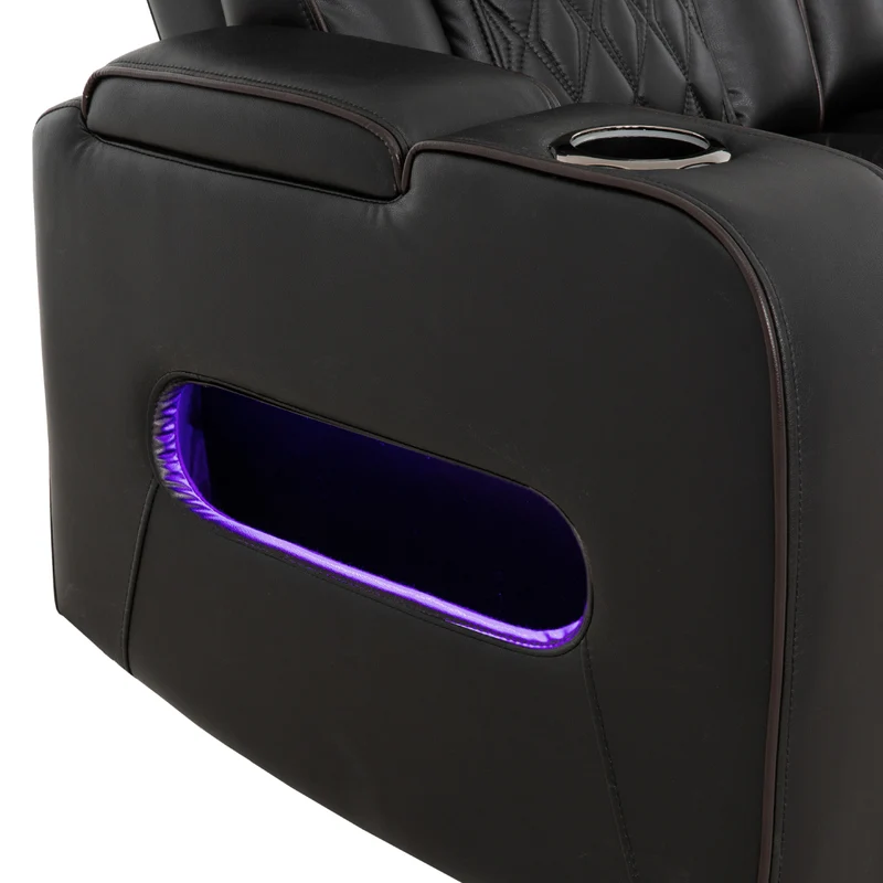 Sofa inclinable motorisé en cuir noir avec table rabattable & éclairage DEL - Colton