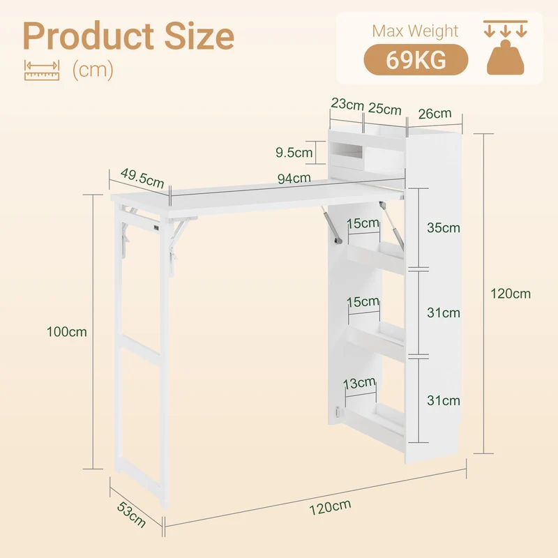 SoBuy FWT115-W Îlot Central de Cuisine à Table Pliante Extensible – Plan de Travail, Rangement – 65,3×199,5×120 cm, Blanc
