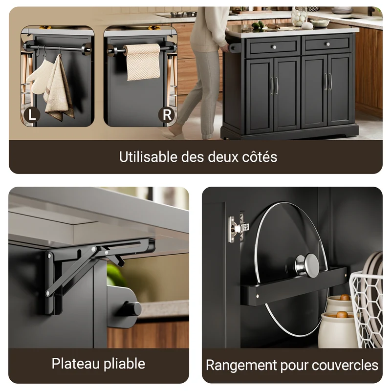 SoBuy FKW71-III-SCH Îlot de Cuisine Mobile avec Plan Inox Extensible 46–71 cm – 2 Tiroirs, Étagères Réglables, Noir