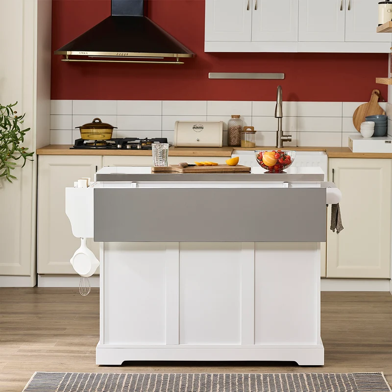 SoBuy FKW128-II-ST Chariot de Cuisine avec Tiroirs et Plan Rabattable – Îlot Pliable, Rangement – 107×71×91 cm, Blanc
