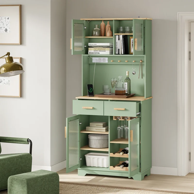 SoBuy FSB108-E-GR Buffet de Cuisine avec Éclairage LED et Prises USB – 4 Portes Vitrées, 2 Tiroirs, 6 Étagères – 80×38×180 cm, Vert Sauge