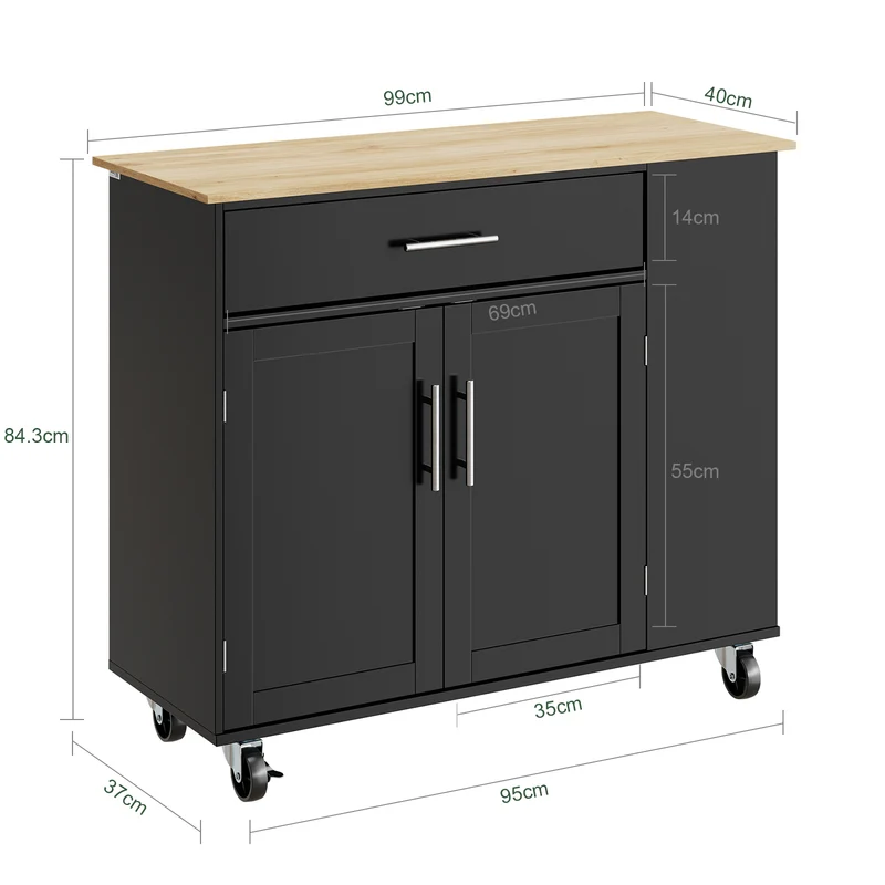 SoBuy FKW133-SCH Desserte de Cuisine à Roulettes – Plan Bois 99 cm, Tiroir, Placard 2 Portes, 3 Étagères, 75 kg | Noir