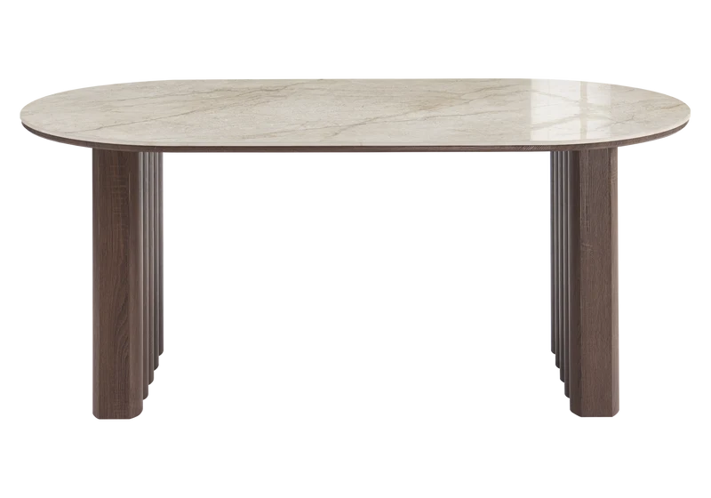 Table à manger ovale marbre et noyer cannelé - Sola