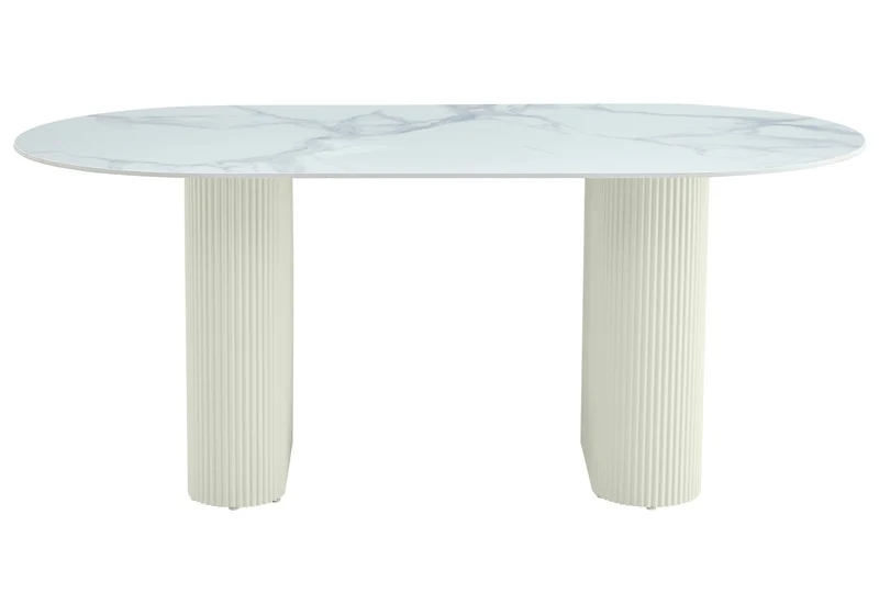 Table à manger ovale marbre blanc et pieds beige - Serena