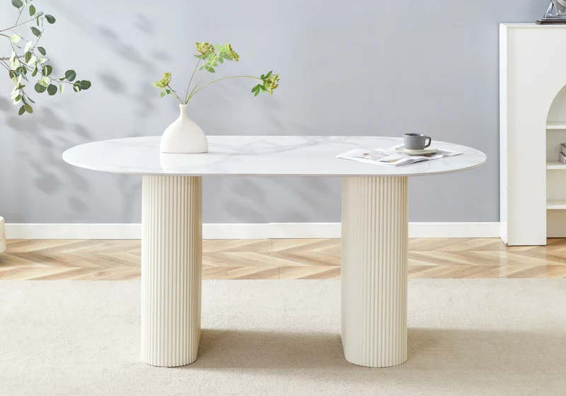 Table à manger ovale marbre blanc et pieds beige - Serena